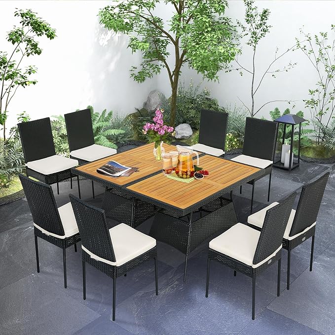 Tangkula 10 Piece Wicker Patio Dining Set, Outdoor Rattan Table & Chairs Set with Padded Cushions, Patio Furniture Dining Acacia Wood Table Set for Balcony Patio Garden Poolside