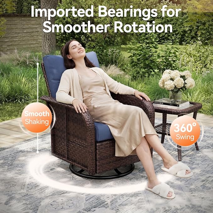 Aoxun Luxury 7-Piece Patio Furniture Set, 360° Swivel Chairs, Wicker Rattan Sofa with Thick Cushion, Outdoor Conversation Set for Backyard, Poolside & Garden, Brown/Navy Blue