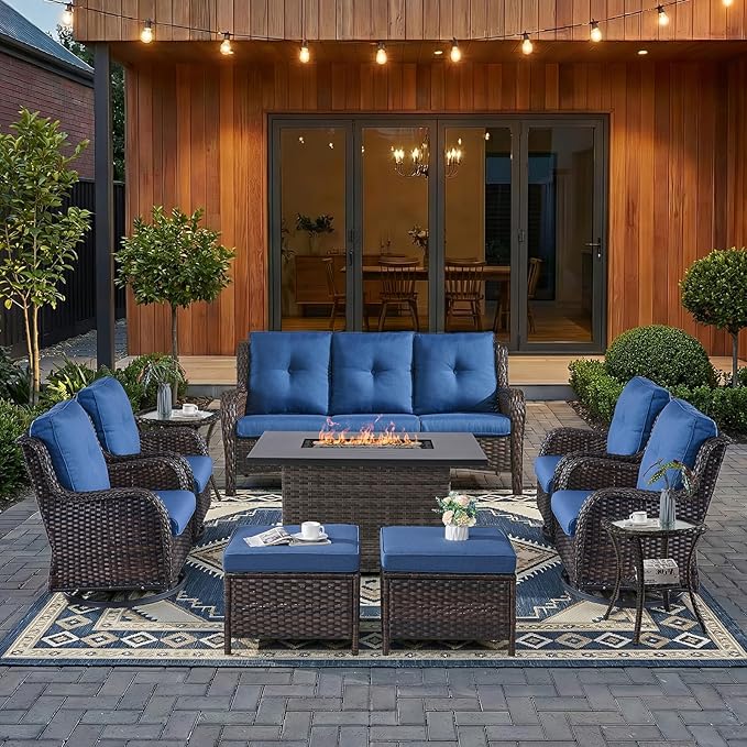 HUMMUH 10 Pieces Patio Furniture Set with Fire Pit High Back Wicker Outdoor Furniture Set Swivel Rocker Chairs 3-Seater Couch for Porch,Deck,Backyard