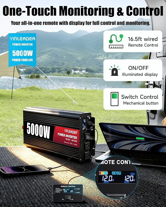 3000 Watt Power Inverter 12V to 110V/120V Converter Peak Power 6000W with 3 AC Outlets,1 USB Port, Remote Controller & LCD Screen DC to AC Inverter for RV Camping Off-Grid Solar Inverter Systems