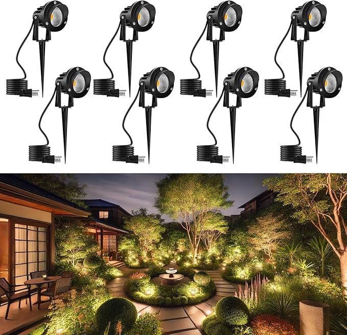 Romwish Outdoor Spotlight 3000K Warm White,12W LED Spot Lights Outdoor for Yard Garden Tree, 120V Plug in Landscape Lighting with IP65 Waterproof for Lawn Decorative, 8 Pack