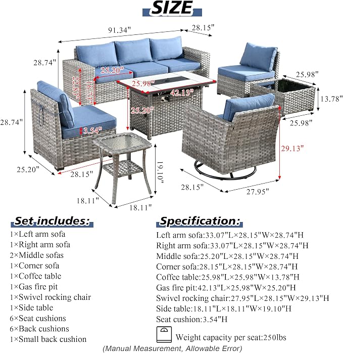 HOOOWOOO Outdoor Patio Sectional Furniture Sofa Set with Large Fire Pit Table,9 Piece Modern Wicker Couch with Swivel Chair,Modular Conversation Seating Set with Widened Armrest(Denim Blue)