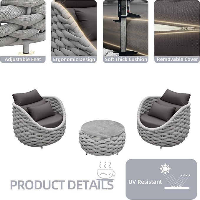 TWT Aluminum Outdoor Patio Furniture Set, 4 Textilene Armchairs Modern Outdoor Conversation Set Outdoor Single Sofa with Upgrade Cushion and Coffee Table for Balcony,Light Grey