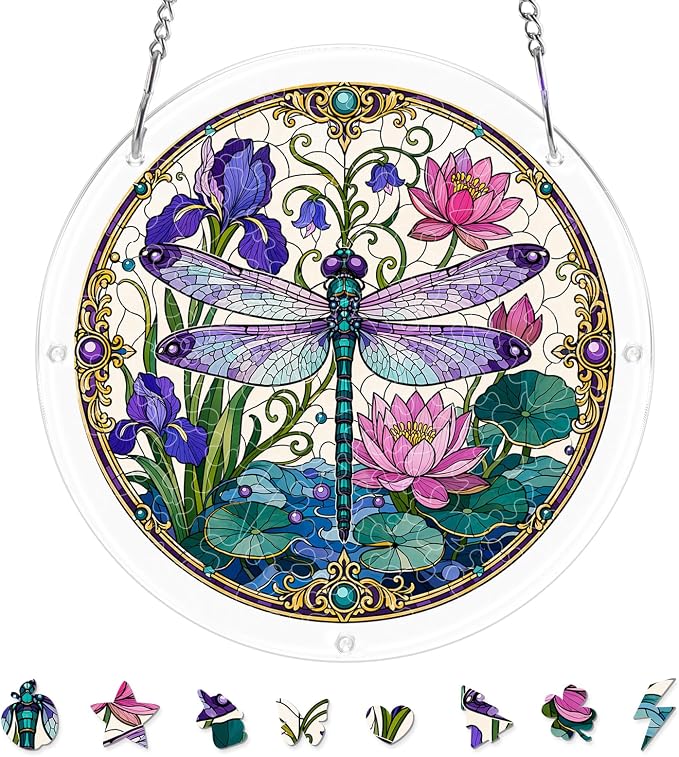 Acrylic Puzzle Suncatcher, Sun Catchers Puzzle for Window Hanging | 8.2 Inch Iris Dragonfly DIY Suncatcher Puzzle for Adults, Ideal Gifts for Women, Men, Wife, Mom, Home & Garden Decor