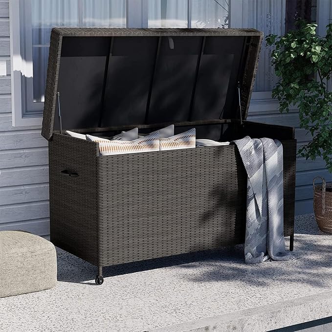 Grand 170 Gallon Deck Storage Bin - Outdoor/Indoor Wicker Storage for Patio Furniture Cushions, Garden Tools, Pool Accessories - Black