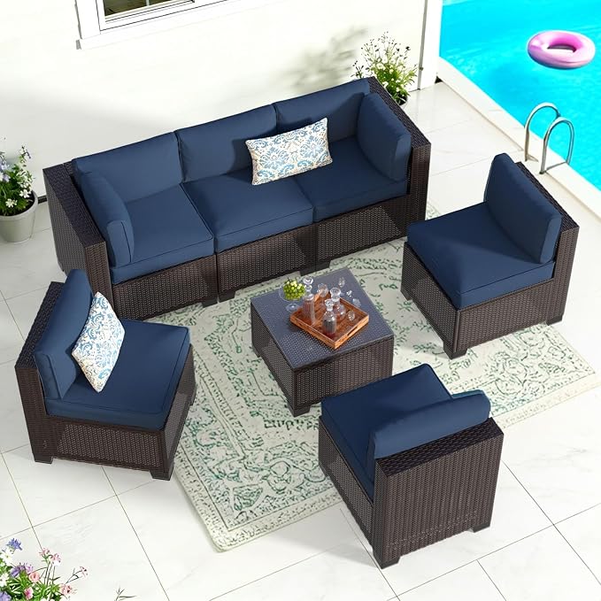 7 Piece Patio Furniture Set, Rattan Outdoor Patio Conversation Sets, Outdoor Sectional Furniture with Thickened Cushions and Coffee Table, for Deck, Backyard, Garden, Dark Brown & Navy Blue