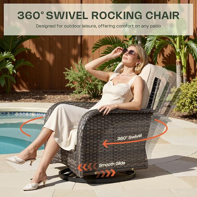 8-Piece Patio Furniture Set, Outdoor Wicker Furniture with Coffee Table, High Back Swivel Rocker Patio Chairs, Modern Rattan Outdoor Chairs Conversation Set for Porch, Balcony, Garden, Beige