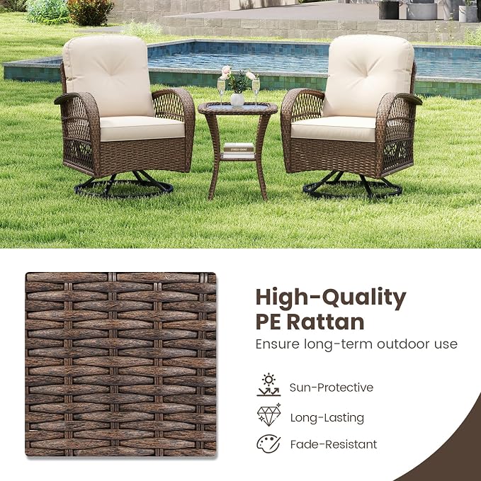 HAPPYGRILL 3 Pieces Patio Furniture Set Outdoor Rattan Swivel Rocker Chairs with Side Table, Outside Sectional Conversation Set with Swivel Rocking Chairs for Deck Porch Garden (White)