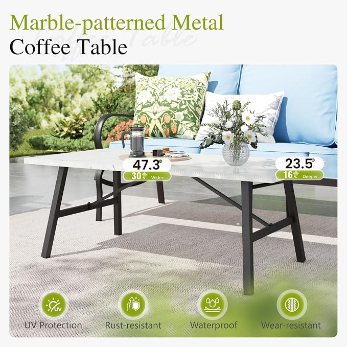 Sophia & William Patio Furniture Sets 5 Seats Outdoor Metal Conversation Sets 4 Pcs with 2 x Cushioned Swivel Sofa Chairs,1 x 3-Seat Sofa, 1x Marbling Metal Coffee Table Lawn Backyard Poolside Blue