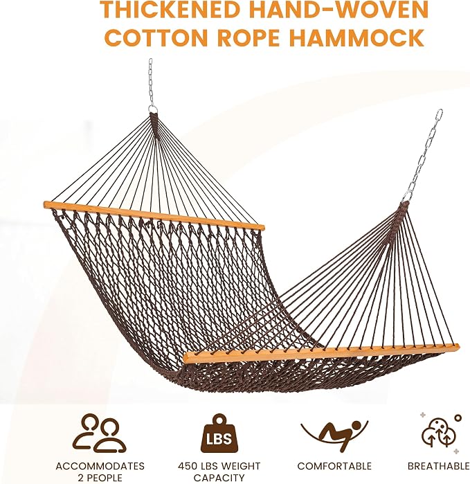 Lazy Daze Hammocks Double Rope Hammock, 2 Person Traditional Outdoor Hand Woven Cotton Rope Hammock with Spreader Bar, Carabiners, Tree Straps, Chains for Patio Yard - Max 450 Lbs, Dark Brown