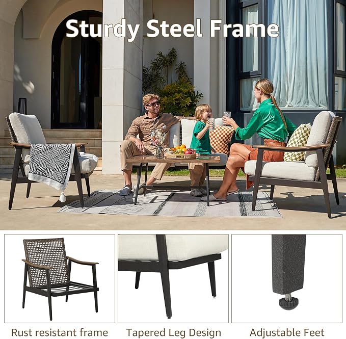 NATURAL EXPRESSIONS 6 Pieces Patio Furniture Set, Outdoor Furniture Sofa Sectional Modern Metal Patio Conversation Set with High Back Wicker Backrest & Loveseat for Balcony, Backyard, Deck, Porch