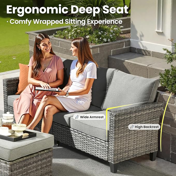 ovios 6 Pieces Patio Furniture Set with Square Fire Pit Table, Swivel Rocking Chairs, Loveseat, Outdoor High Back Wicker Rattan Conversation Set for Deck Porch, Dark Grey