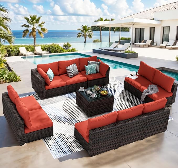 11 Piece Patio Furniture Set All Weather PE Rattan Outdoor Sectional Sofa Couch with No-Slip Cushions and Glass Top Table for Garden, Poolside, Backyard (Red)