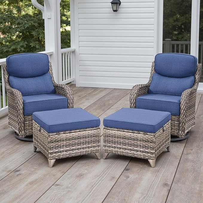 Rilyson Outdoor Patio Furniture Set - Weather Resistant Wicker,High Back,6 inch Cushions,4 Piece Patio Furniture Set with Swivel Rocker Chairs and Ottomans for Deck Porch Yard,Mixed Grey/Blue