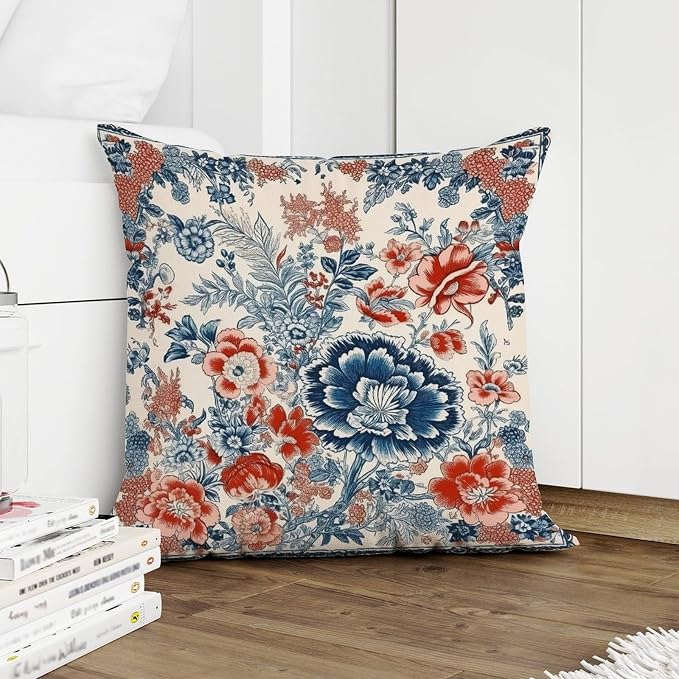 Throw Pillow Covers Chinoiserie Tree Peony Bird Throw Pillow Covers Abstract Floral Coral Turquoise Navy Pillow Cover Accent Outdoor Garden Decoration for Patio Furniture Garden 16x16 in
