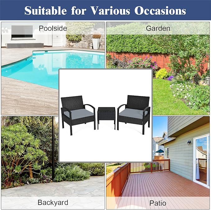 Tangkula 3 Piece Patio Conversation Set, Outdoor Rattan Sofa Set with Seat Cushions & Coffee Table, Patio Wicker Furniture Set for Garden Balcony Backyard Poolside (Grey)