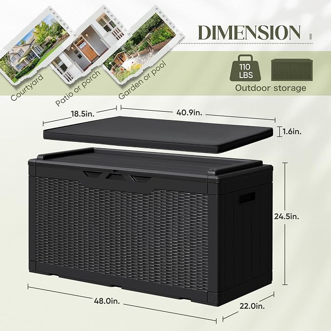 Greesum 100 Gallon Resin Deck Box Large Outdoor Storage with Cushions for Patio Furniture, Garden Tools, Pool Supplies, Weatherproof and UV Resistant, Lockable, Black