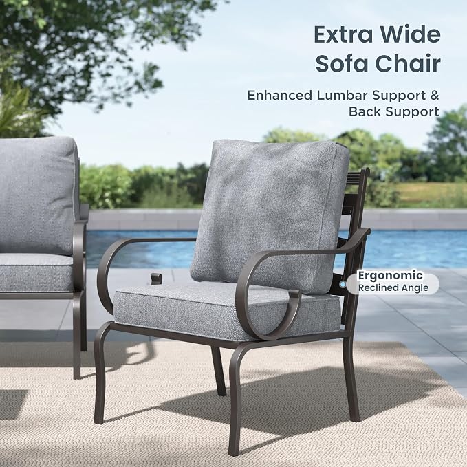PHI VILLA Patio Furniture Set, 3-Seater Sofa, 2 Fixed Chairs and a Coffee Table, Outdoor Metal Conversation Set with 5.75" Extra Thick Cushion for Garden Backyard Deck, Grey