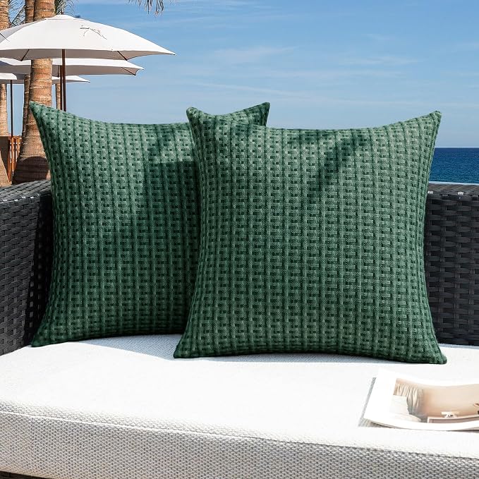 Kevin Textile Outdoor Waterproof 24"x24" Pillow Covers 2 Pack, Dark Green | Water Resistant Weaving Faux Linen Texture Throw Pillow Covers, Outside Decorative Pillowcases for Garden Patio Balcony Couch