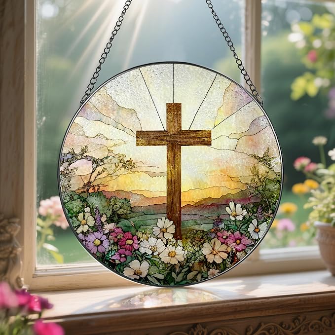 8 Inch Stained Glass Cross and Wildflowers Suncatcher Christian Stained Glass Windows Hanging Flower Cross Gift for Religious Easter Faith Christian Gifts Religious Home Decor