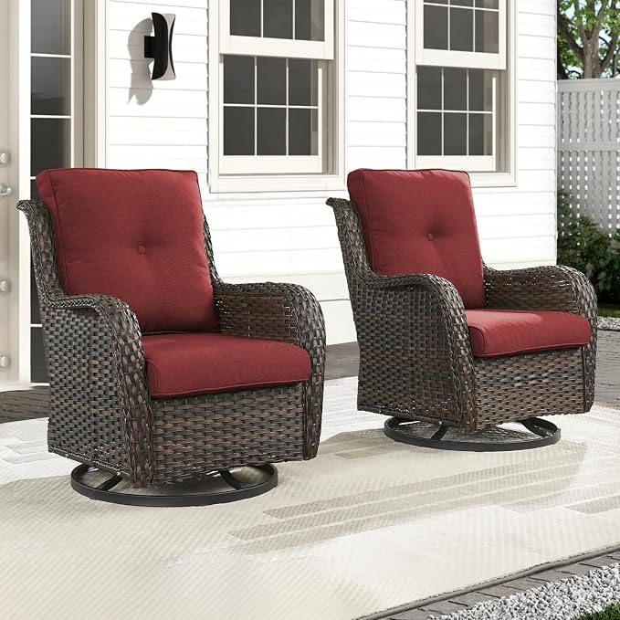 Outdoor Swivel Rocker Patio Chairs-Wicker Patio Swivel Chairs Set of 2 PE Rattan Patio Furniture for Porch Deck Balcony Garden-Brown/Red