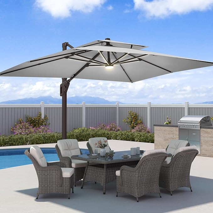 9x12 FT Patio Umbrella with Weighted Base and LED Lights Cantilever Outdoor Large Heavy Duty Rectangle Aluminum Offset Umbrellas Double Top 360 Rotation for Pool Deck Garden, Fog grey