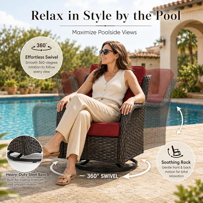 HUMMUH Outdoor Swivel Rocker PE Wicker Patio Chairs Set of 2, Rattan Rocking Chair Furniture Set