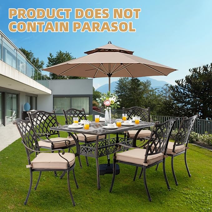7-Piece Cast Aluminum Outdoor Table and Chairs, Antique Bronze Patio Dining Sets Include 60" Large Patio Dining Table and 6 Chairs with Removable Cushion