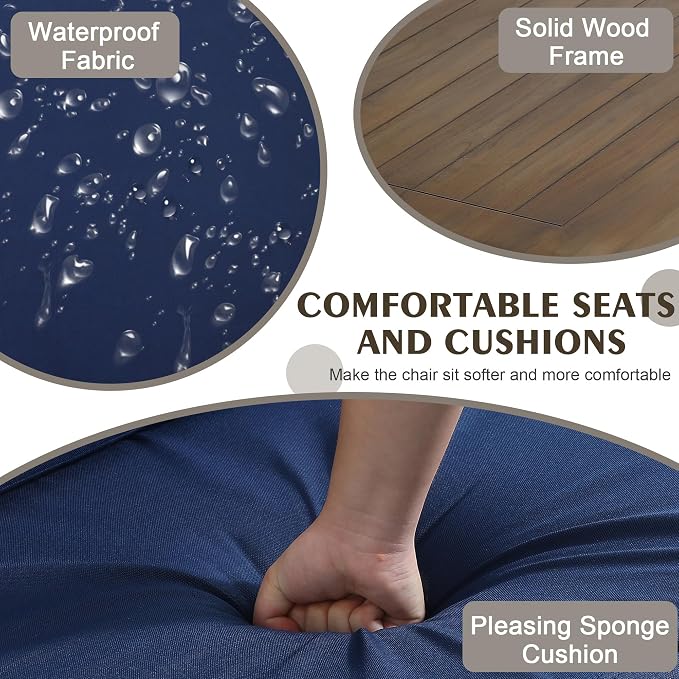 Wood Patio Furniture Sets, 3 Pieces All Weather Patio Loveseat Sofa Outdoor Sectional Futniture Backyard Conversation Set with Solid Wooden Coffee Table - Navy Blue