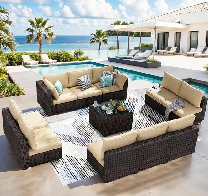 11 Piece Patio Furniture Set All Weather PE Rattan Outdoor Sectional Sofa Couch with No-Slip Cushions and Glass Top Table for Garden, Poolside, Backyard (Beige)