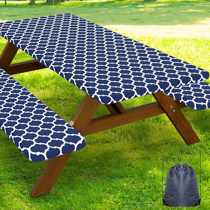 Smiry Picnic Table Cover with Bench Covers, Waterproof Elastic Fitted Tablecloth for 5 Foot Tables, Washable Polyester Tablecloths for Camping, Indoor & Outdoor (Navy, 30x60 Inch 3-pc Set)