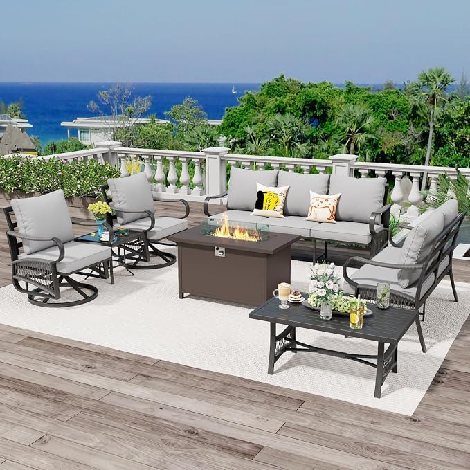 7 Piece Patio Furniture Set, All Weather Metal Outdoor Conversation Set with 50000 BTU Propane Fire Pit Table, 3 Seat Sofa, 2 Swivel Chairs and 5" Cushions for Garden, Porch, Lawn, Grey