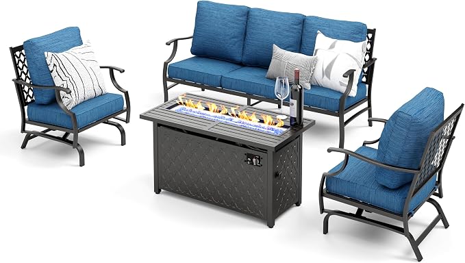 MIXPATIO Patio Furniture Set, 4 Pcs Metal Outdoor Conversation Set, 2 Rocking Chairs and 3 Seater Sofa with 5.75" Extra Thick Cushion and Gas Fire Pit Table for Backyard Deck, Gemstone Blue