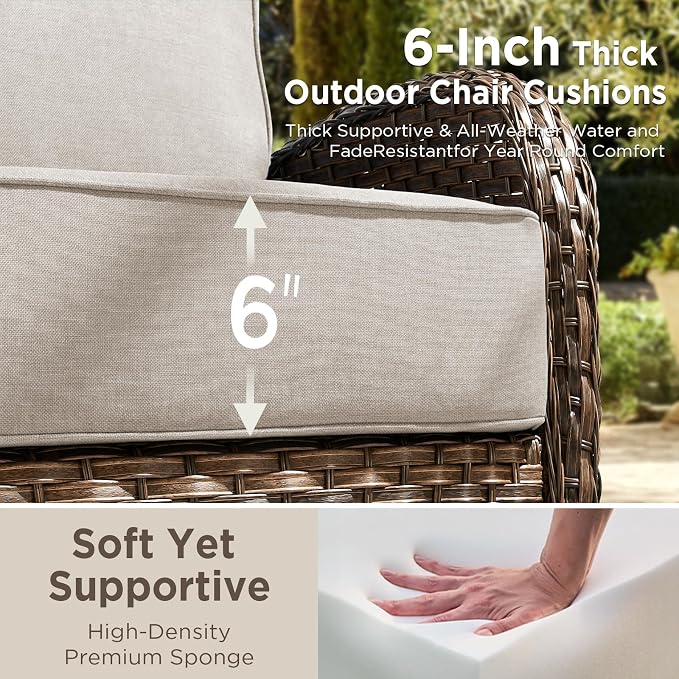 5 Pieces Luxury Patio Furniture Sets with 6-Inch Thick Cushions, High Back Swivel Outdoor Rocking Chairs Set of 2 with Multifunctional Ottoman, Wicker Conversation Set for Porch Garden, Beige
