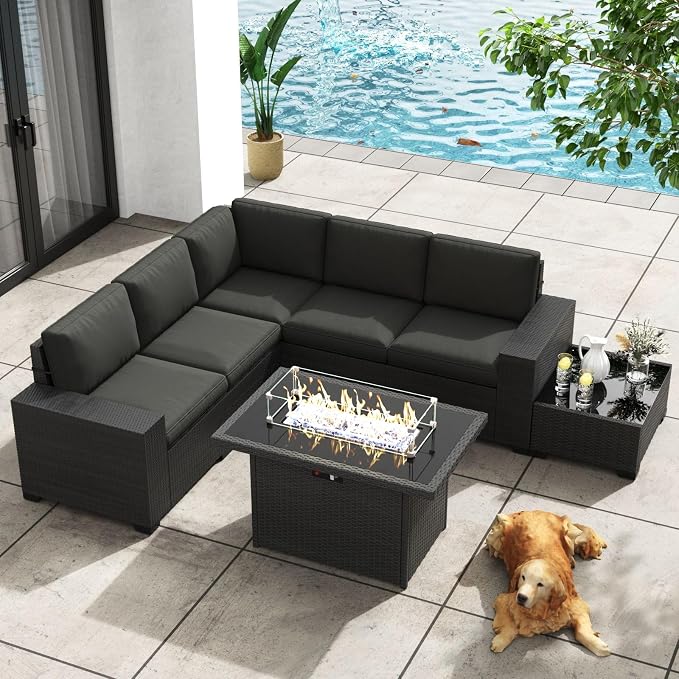Patio Furniture Set with Fire Pit Table, 7 Pieces Outdoor All-Weather Wicker Conversation Sectional Chair Sofa Set