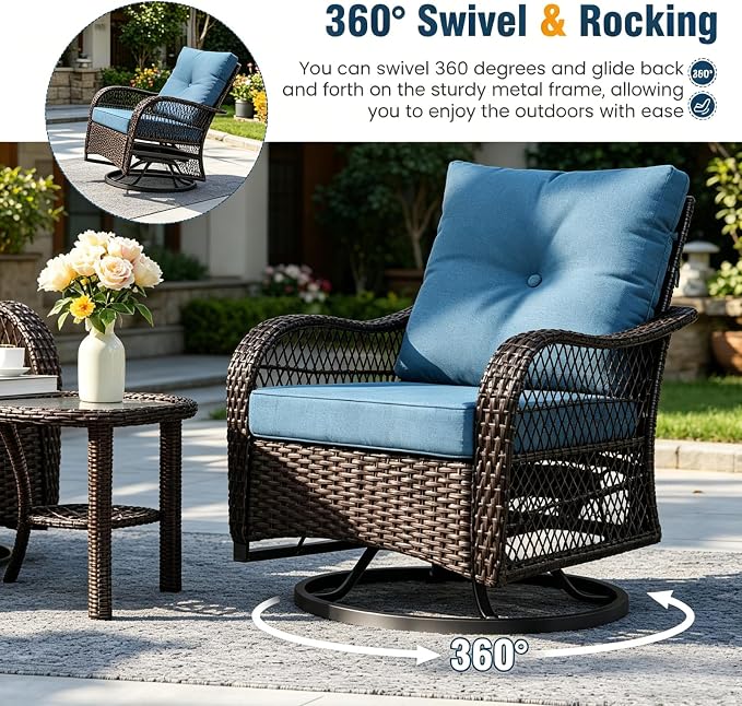 Outdoor Swivel Rocker Patio Chairs with Cushions，Outdoor Swivel Rocking Chairs Set of 2 with Rattan Side Table，360 Degree Swivel Seat Patio Furniture Set for Outside Porch Deck，3 Pieces