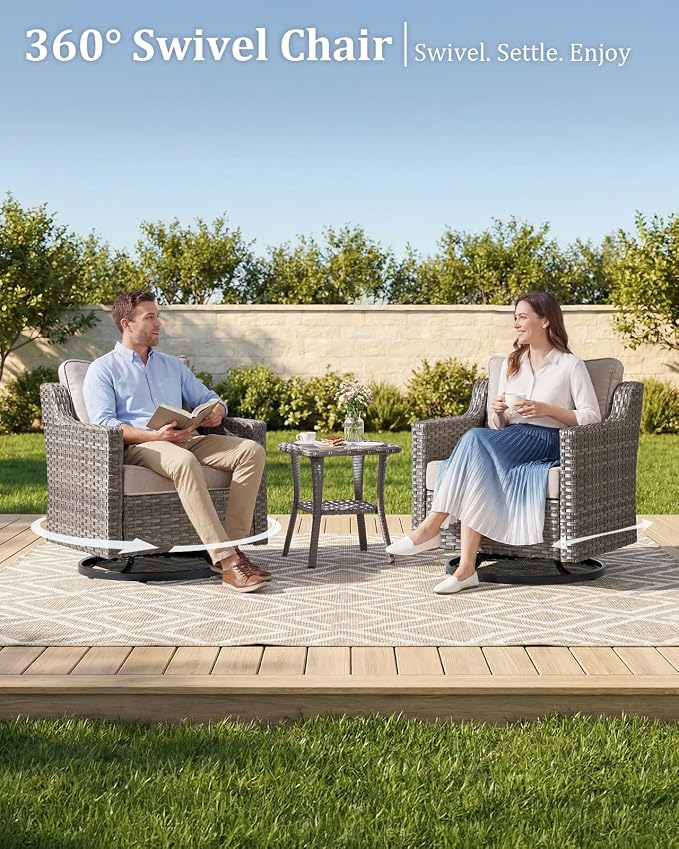 Outdoor Furniture Set of 6, Patio Furniture Set with 4 Wicker Swivel Rocker Chairs and 2 Side Table, High Back&Deep Seat for Garden Deck Porch Balcony Backyard - Beige