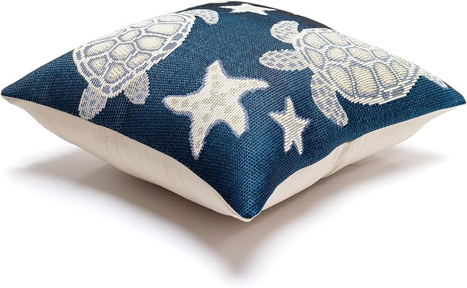 Liora Manne MARINA Indoor/Outdoor Power Loomed Easy Care Pillow - Transitional Geometric Coastal Beach Colorful (Turtle And Stars Navy) (12" x 18")