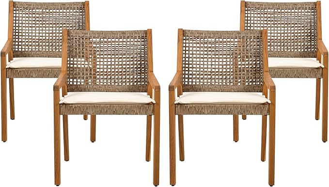 Christopher Knight Home Pelham Wooden Patio Dining Set for 4, Acacia Wood Outdoor Dining Table Set for 4, 5 Piece Outdoor Dining Set with Round Table and Armchair with Seat Cushion, Teak+Beige