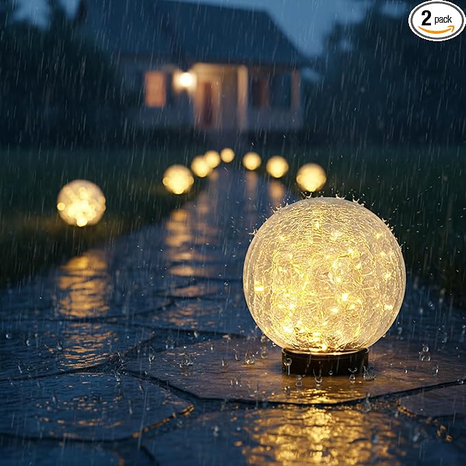 HOTEAGLE Solar Globe Lights Outdoor Waterproof-Large 2-Pack Solar Balls Lights for Outside Garden-Cracked Glass Ball Solar Lights for Garden Patio & Lawn Backyard Decor (Yellow, 5.9 inch)