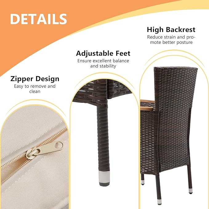 RoyalCraft 5 Piece Patio Wicker Dining Sets for 4, Water-Resistant Rattan Outdoor Dining Table and 4 Chairs with Wood Table Top, Conversation Set Removable Cushions for Deck, Garden, Backyard, Brown