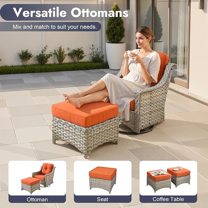 6 PCS Patio Furniture Set, Deep Seat High Back Outdoor Conversation Set with Ottomans, Wicker Outside Furniture with Solar Light Coffee Table for Porch Backyard Balcony, Sunroom, Orange