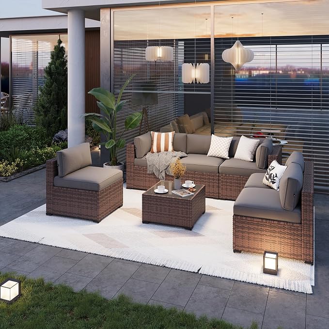 Aoxun Patio Furniture Sets, 7-Piece Outdoor Patio Furniture with Thick Cushions, Wicker Outdoor Conversation Set Sectional Sofa for Backyard, Poolside, Garden