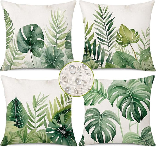 Tropical Leaves Outdoor Waterproof Pillow Covers 18 X 18 Inch Set of 4 Palm Leaf Plant Decorative Cushion Cases for Patio Furniture Garden