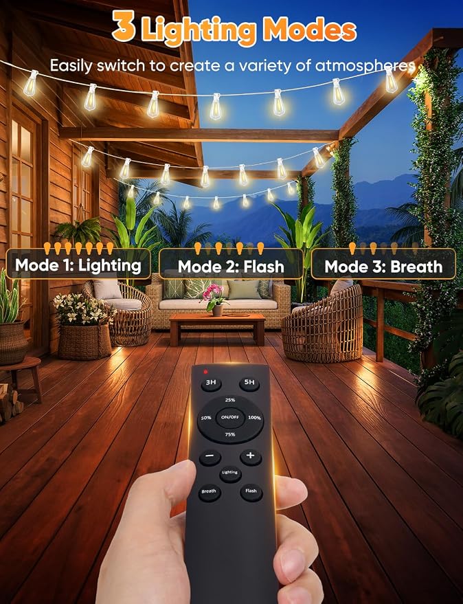 Outdoor String Lights with Remote, 200FT LED Patio Lights with 62 ST38 LED Filament Bulbs, 3 Lighting Modes, 3H/5H Timer, Waterproof IP65 String Light for Outside, E12 Socket Base, White