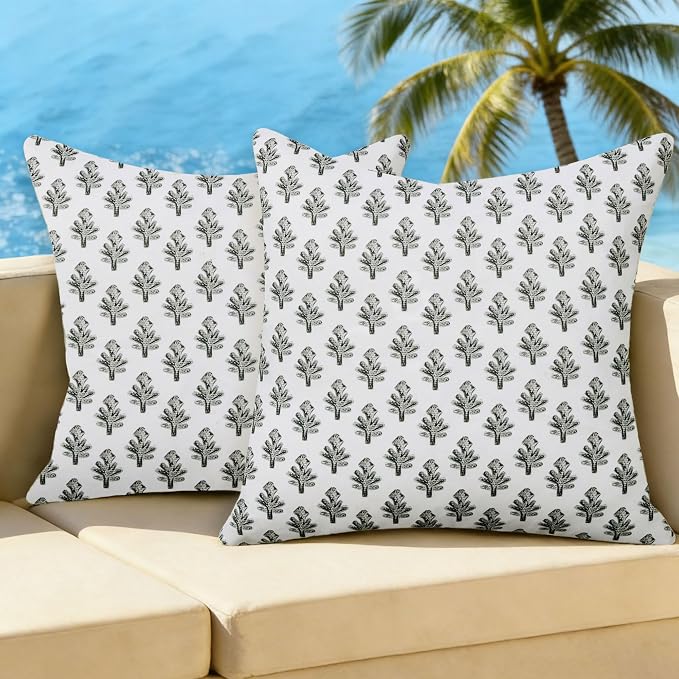 Outdoor Pillow Covers 20x20 Set of 2 Boho Black Floral Accent Print Decorative Throw Pillow Cases for Outdoor Waterproof Patio Furniture Garden Porch Sofa Bed Cushion Covers Home Decor JB005-A20