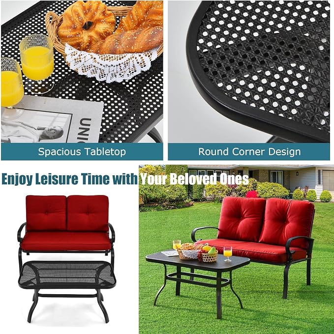 Tangkula Patio Loveseat with Table Set, 2 Seat Cushioned Sofa with Coffee Table, Patio Conversation Sofa Set with Rustproof Frame, 2 Pieces Outdoor Furniture Set for Garden, Poolside, Balcony (Red)
