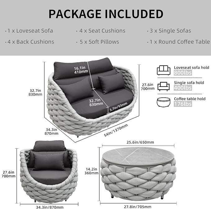 TWT 6-Piece Aluminum Patio Furniture Set, Olefin Rope Modern Outdoor Conversation Set Sectional Sofa with Water Repellent Thick Cushions and Coffee Table for Balcony, Garden, Light Grey