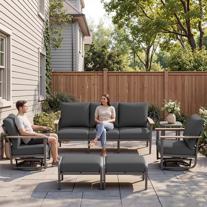Aluminum Outdoor Patio Furniture Set, 6-Piece Outdoor Sofa with 5.1" Thick Cushions, Swivel Rocking Chairs, Outdoor Couch with Ottomans, for Porch, Garden, Black