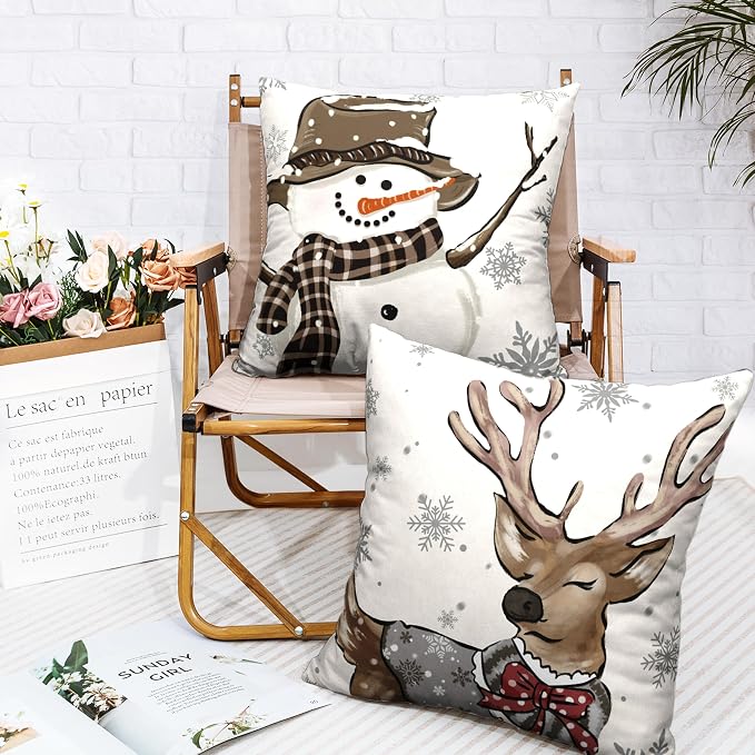 Christmas Pillow Covers 18x18 Set of 2 Brown Snowman Reindeer with Snowflakes Throw Pillow Covers Decorative Cotton Linen Cushion Case for Home Decor Couch Living Room